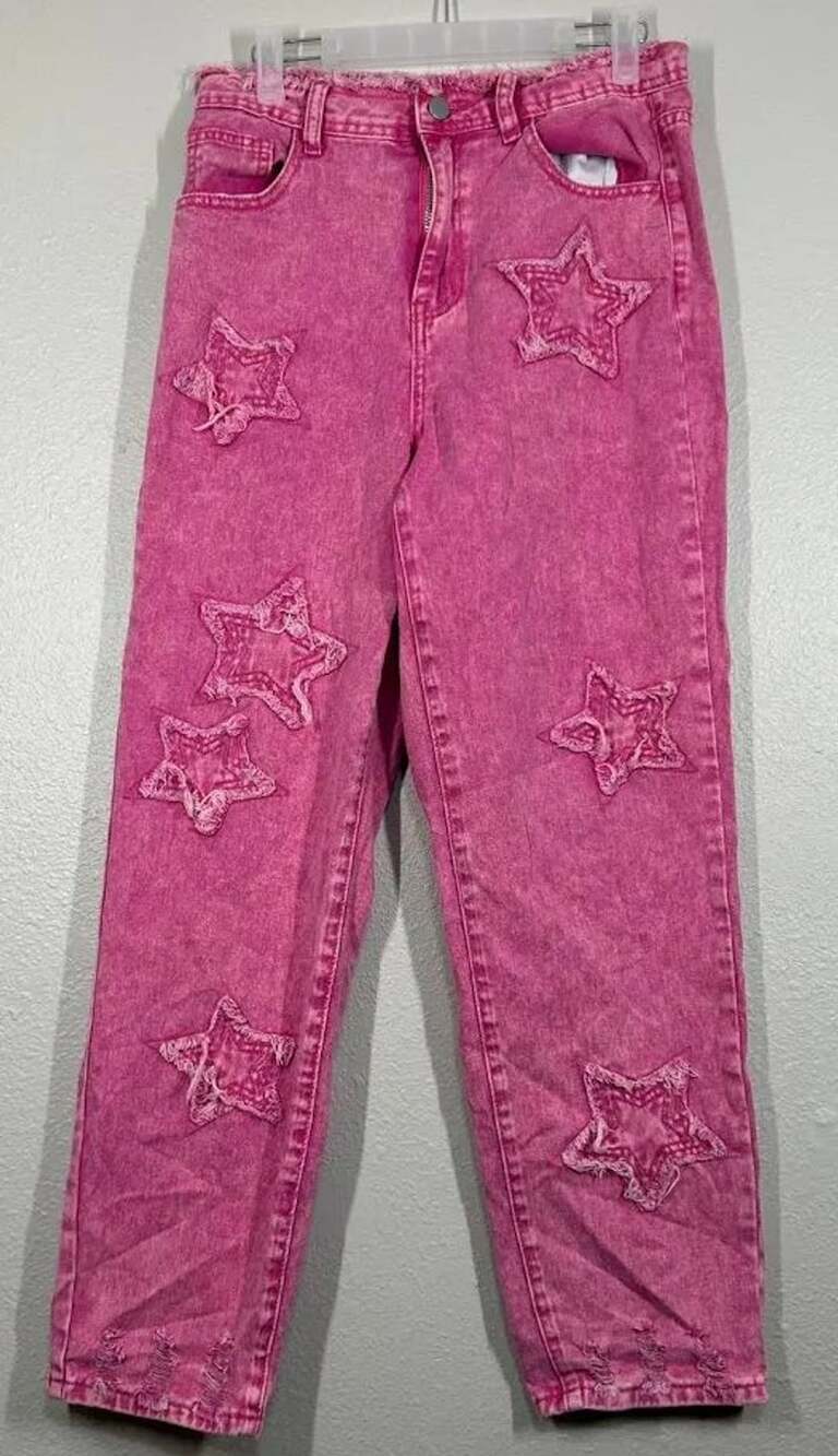 SHEIN Star Applique Distressed Acid Wash Straight-Leg Jeans